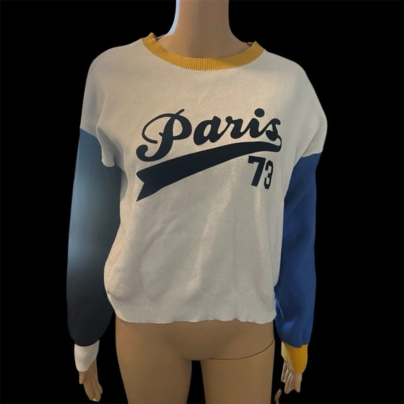 COPY - Forever 21 Paris 73 White Long Sleeve Round Neck Sweater - Picture 1 of 3